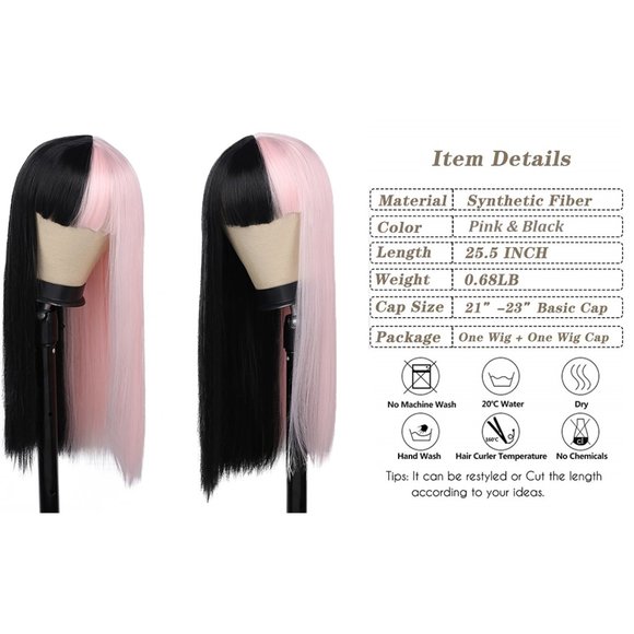 Split Dye  Half Pink and Black Cosplay Hair Wigs - Picture 2 of 4